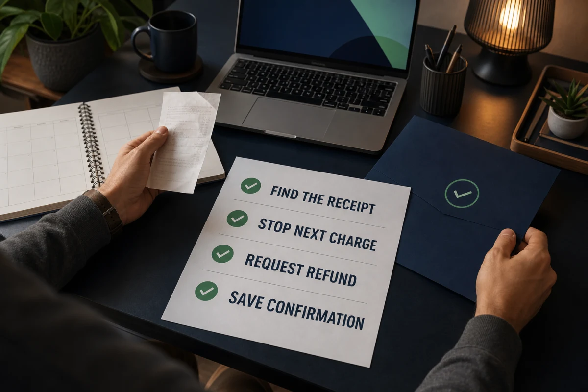 Subscription cancellation desk checking the receipt, stopping the next charge, requesting a refund and saving confirmation