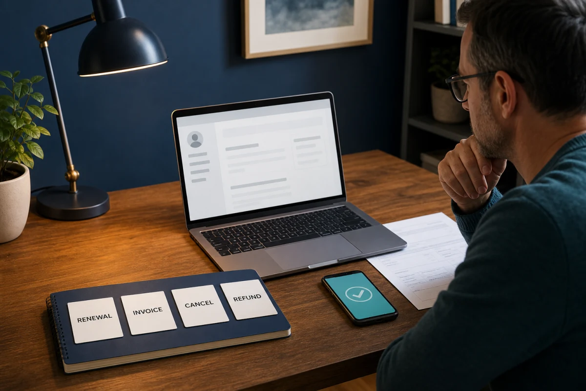 Intego account owner organizing renewal, invoice, cancellation and refund evidence before changing billing