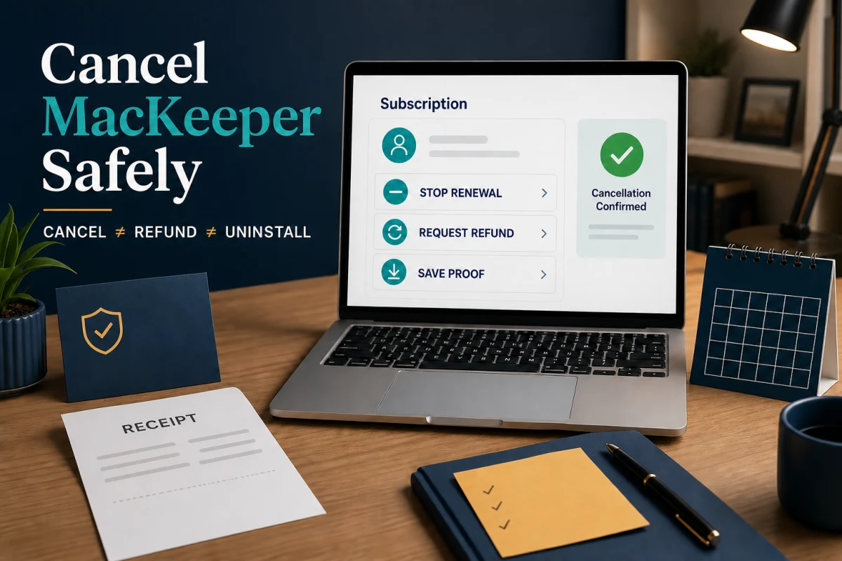 MacKeeper cancellation workflow separating auto-renewal, refund request and saved billing proof