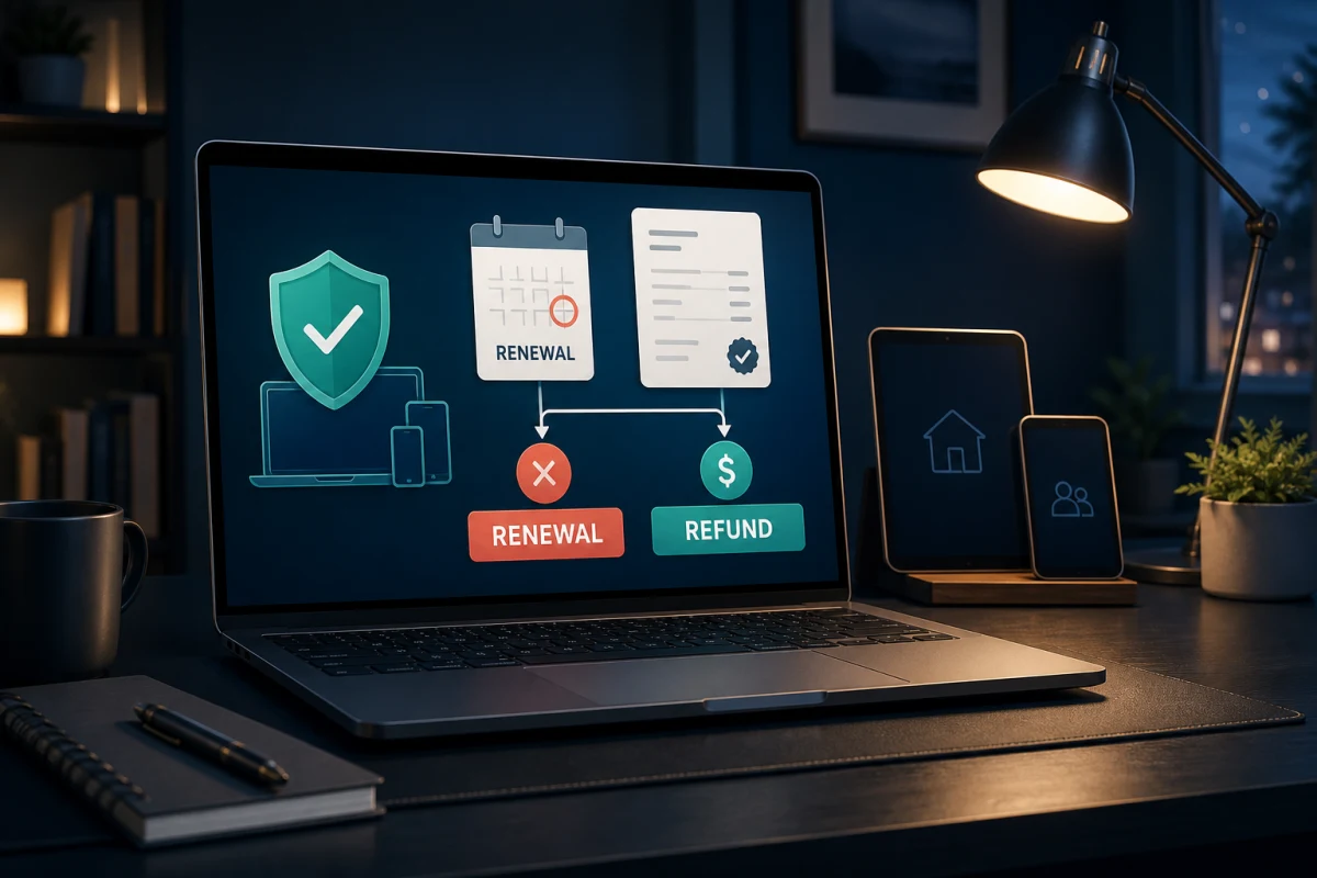 Protected family computers beside separate Sophos Home renewal and refund paths