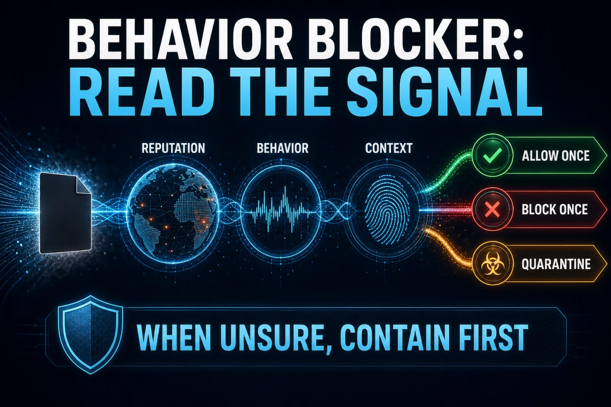 Emsisoft Behavior Blocker alert decision using reputation, behavior, context, block and quarantine