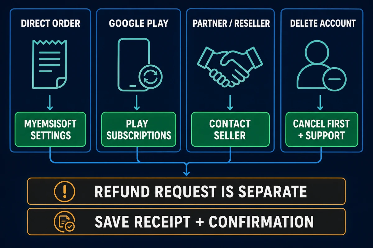 Billing-owner decision map for direct Emsisoft orders, Google Play, resellers and irreversible account deletion