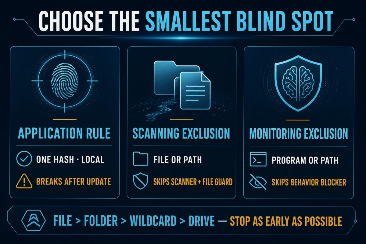 Emsisoft application rule, scanning exclusion and monitoring exclusion protection blind spots compared