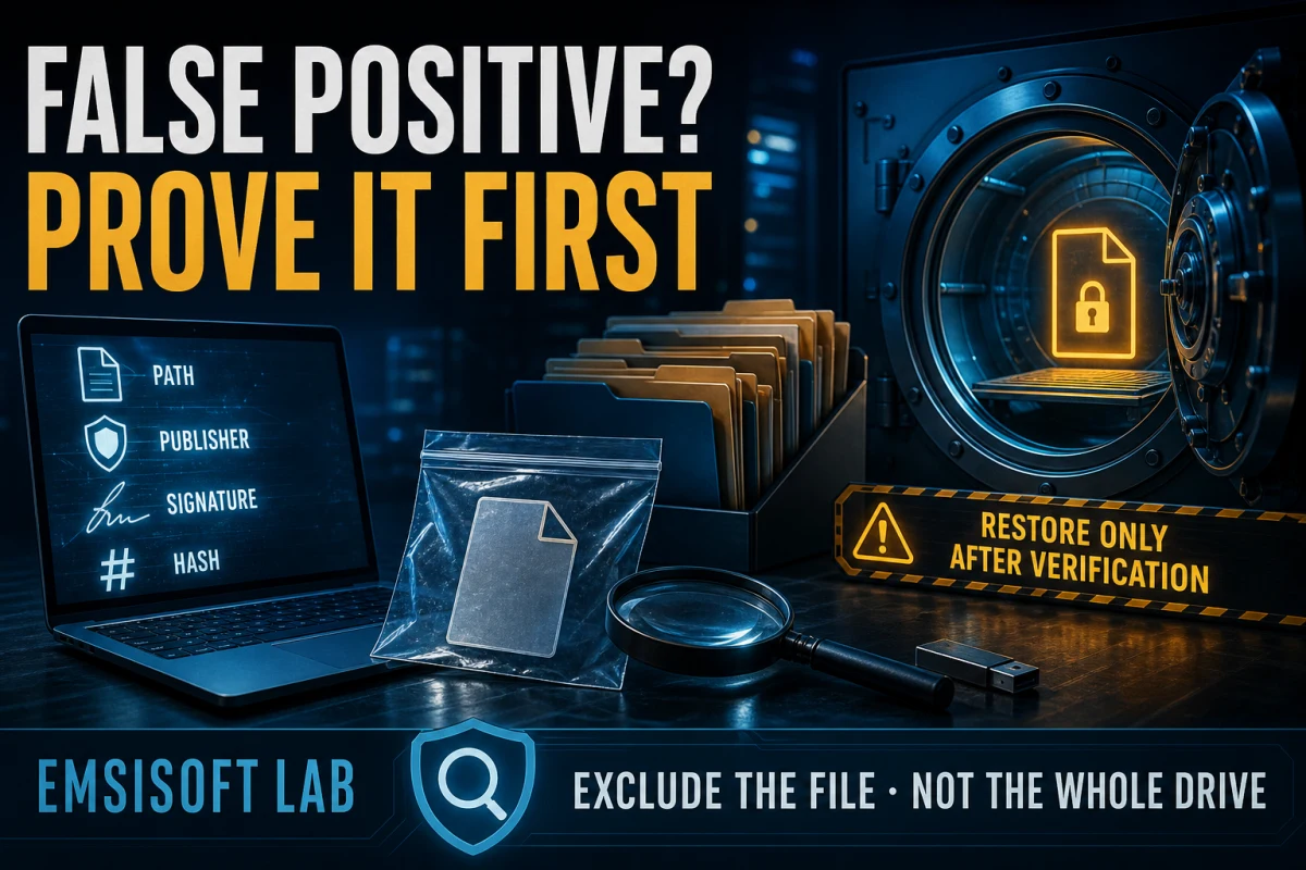 Emsisoft false-positive verification using file path, publisher, signature, hash and lab analysis
