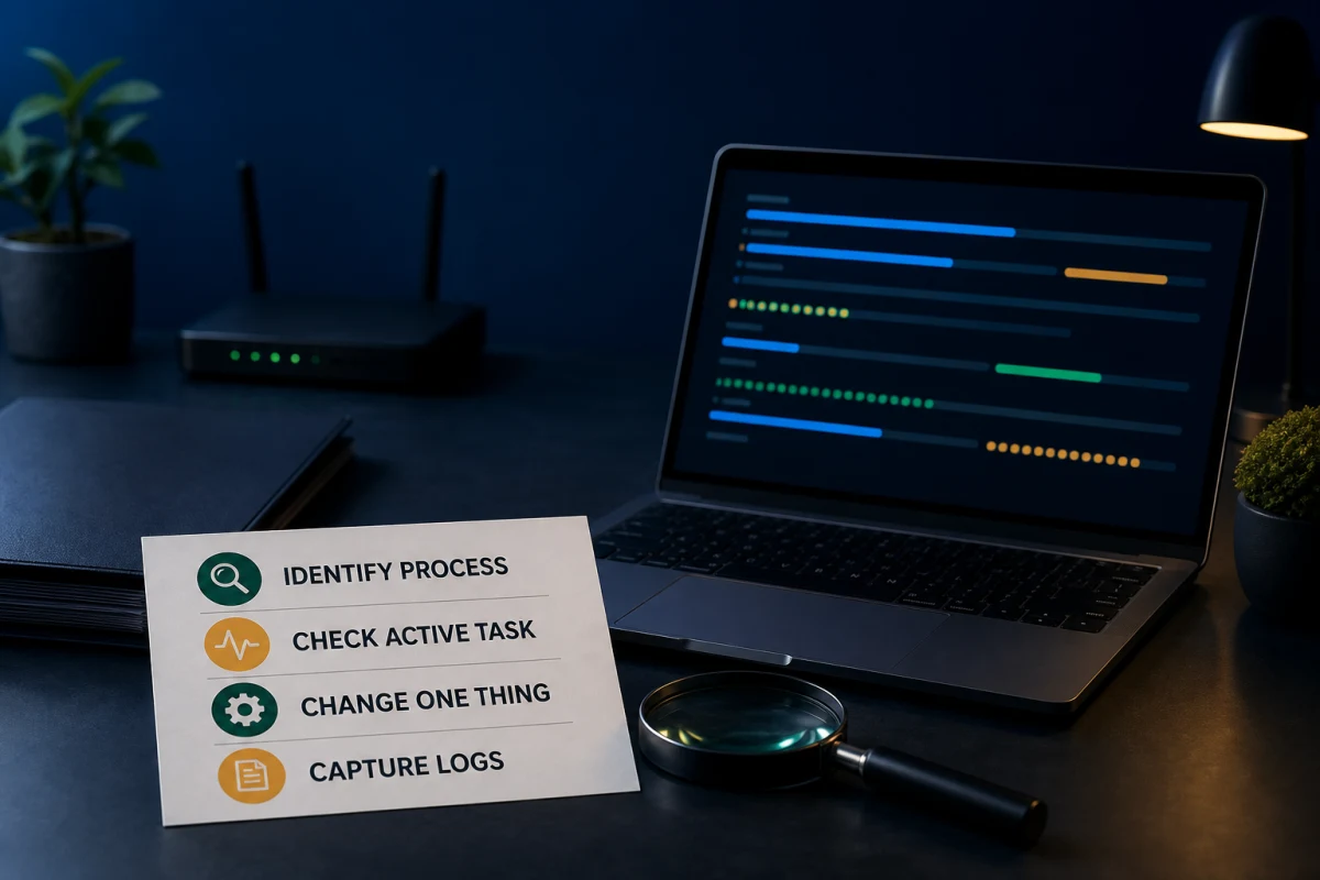 Emsisoft troubleshooting desk identifying the active process, checking the current task, changing one variable and capturing logs