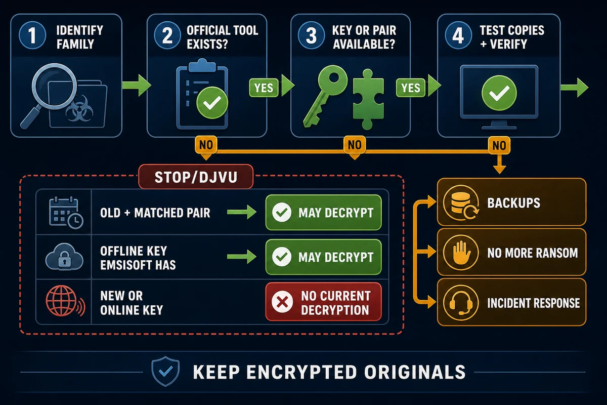 Decision map for identifying ransomware, checking an official Emsisoft decryptor and understanding STOP Djvu old-pair, offline-key and online-key outcomes