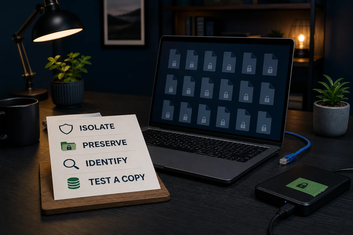 Ransomware response desk isolating a Windows laptop, preserving encrypted originals, identifying the family and testing copied files
