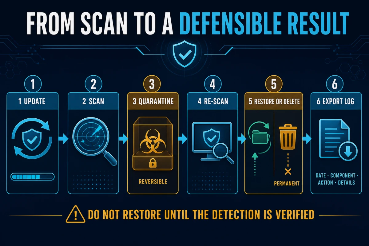 Emsisoft workflow from update and scan through quarantine, re-scan, restore or delete and log export