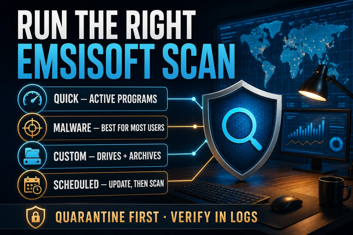 Emsisoft Quick, Malware, Custom and Scheduled Scan choices with quarantine and log guidance