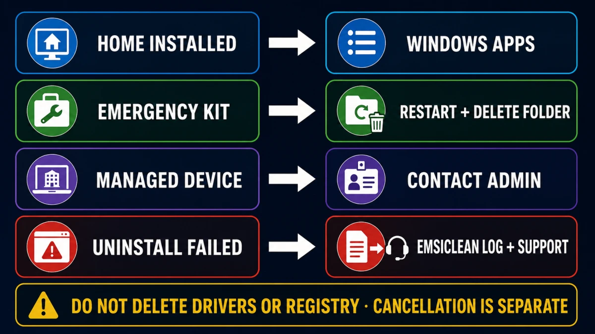 Decision map routing Emsisoft Home to Windows Apps, Emergency Kit to restart and folder deletion, managed devices to an administrator, and failed removal to an Emsiclean log