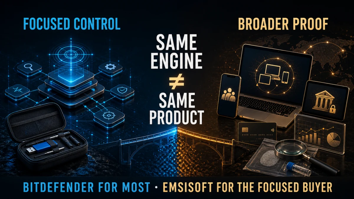 Emsisoft vs Bitdefender comparison separating focused antivirus control from broader multi-device protection evidence