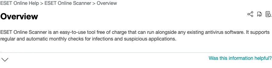 Official ESET Online Scanner overview confirming free use alongside an existing antivirus