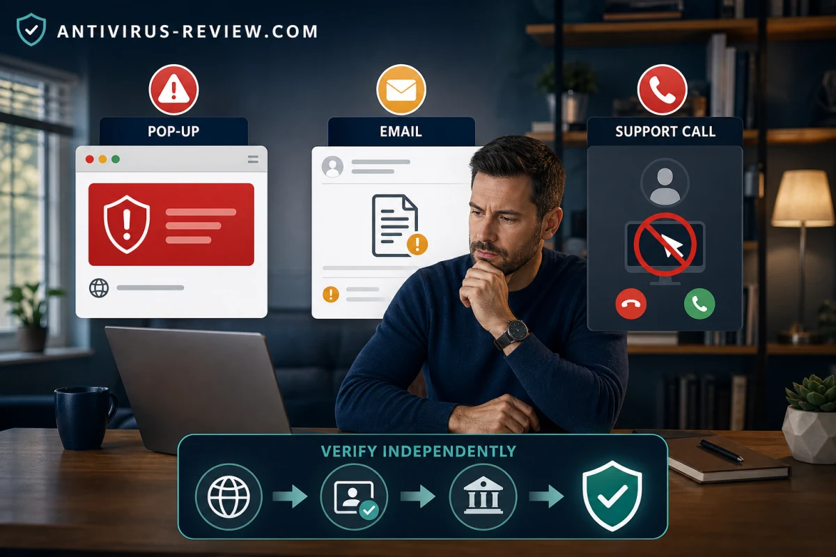 Computer owner independently checking a Scanguard-branded popup, renewal email and support call