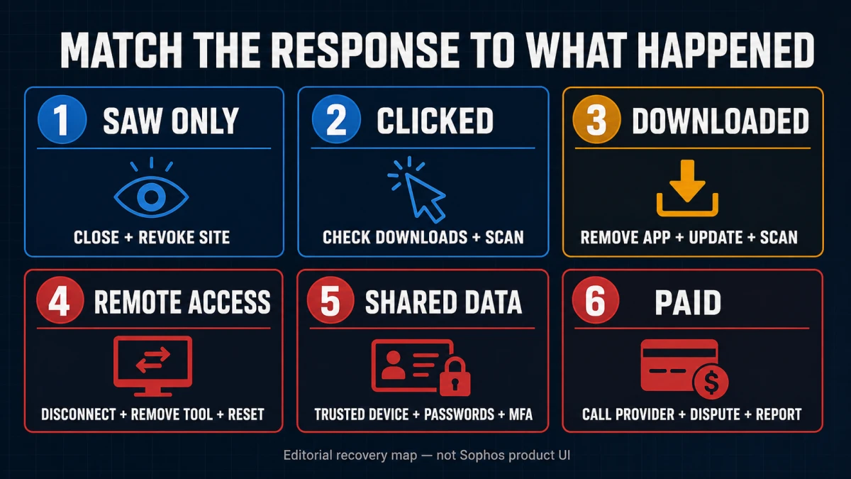 Six-level fake support scam recovery map from seeing an alert to making a payment