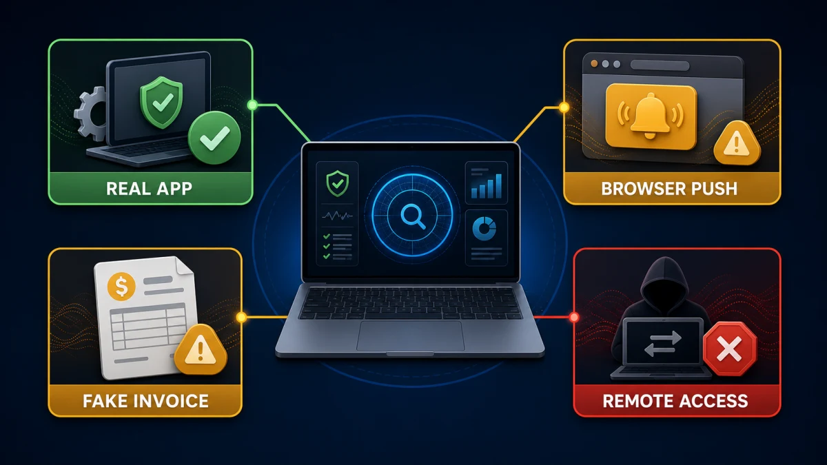 Fake Webroot alert source check comparing a real security app browser push fake invoice and remote access scam