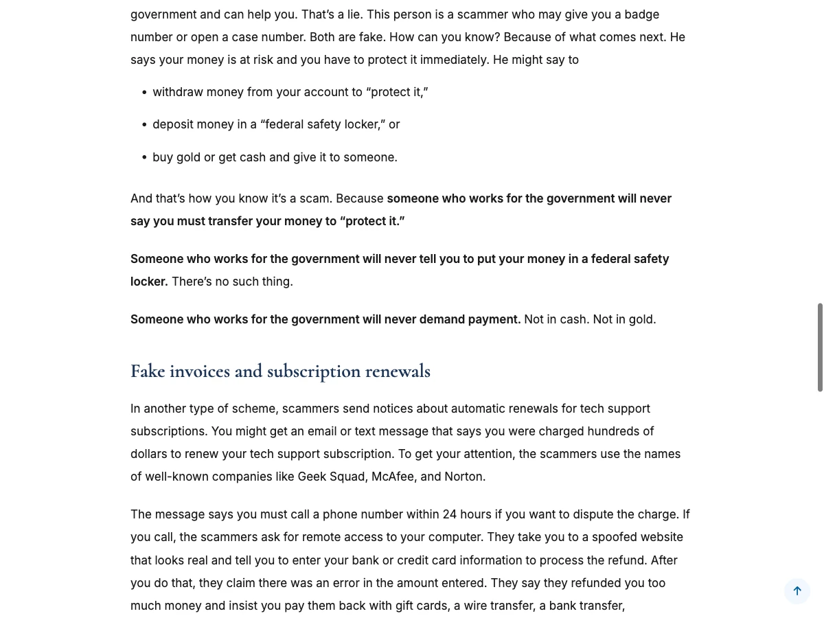 FTC guidance describing fake subscription renewal, remote-access and over-refund support scams