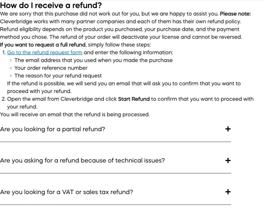 Official Cleverbridge refund page explaining partner-dependent eligibility and the email confirmation step