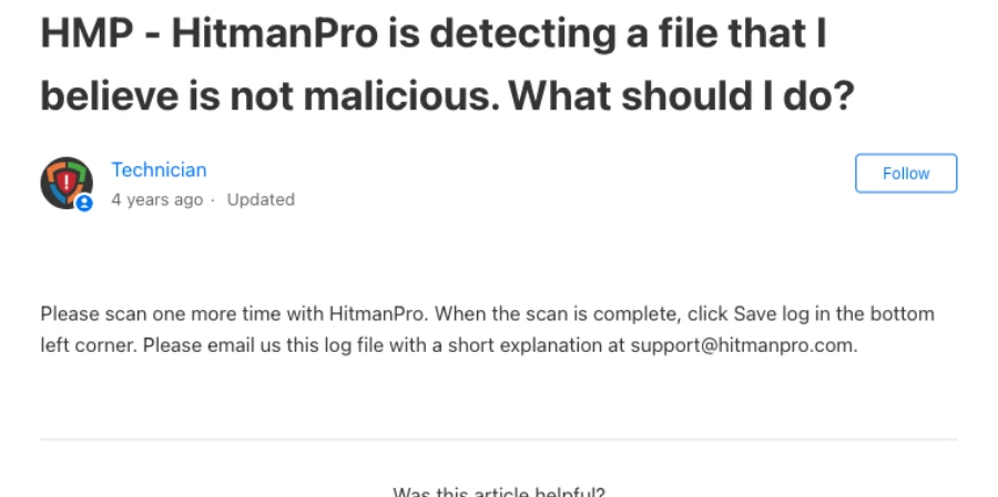 Official HitmanPro support instruction to rescan and save the log for a possible false positive