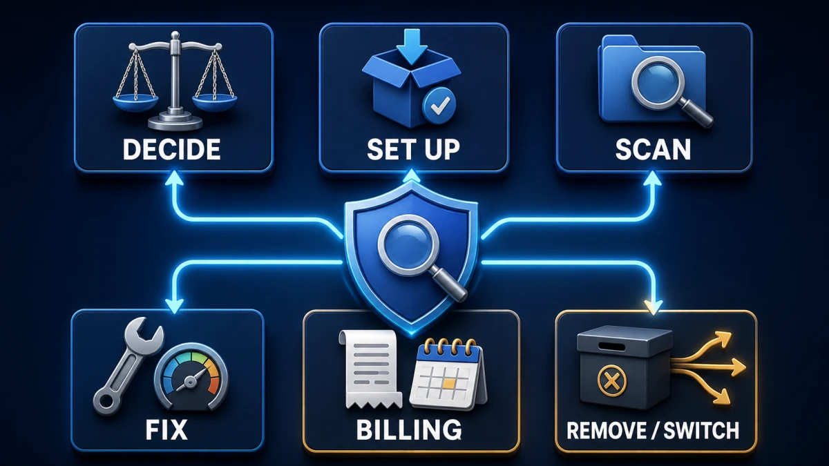 Six-route HitmanPro help map for deciding setting up scanning fixing billing and removing or switching