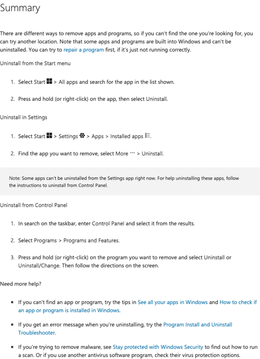 Microsoft Support instructions for uninstalling Windows apps through Settings or Control Panel