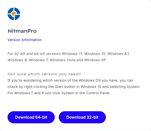 Official Sophos HitmanPro download card with separate 64-bit and 32-bit Windows scanner buttons