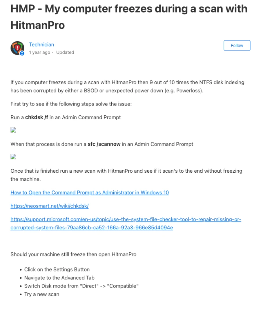 Official HitmanPro support order for scan freezes using chkdsk, sfc and Compatible disk mode