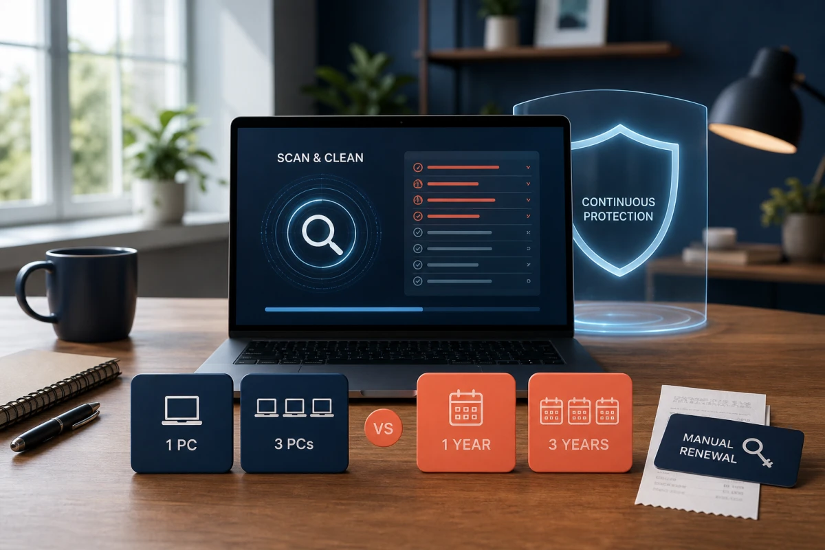 HitmanPro license decision between scan and continuous protection for one or three PCs and one or three years