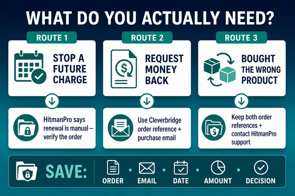 HitmanPro refund decision map for future charges, Cleverbridge refunds and wrong-product purchases