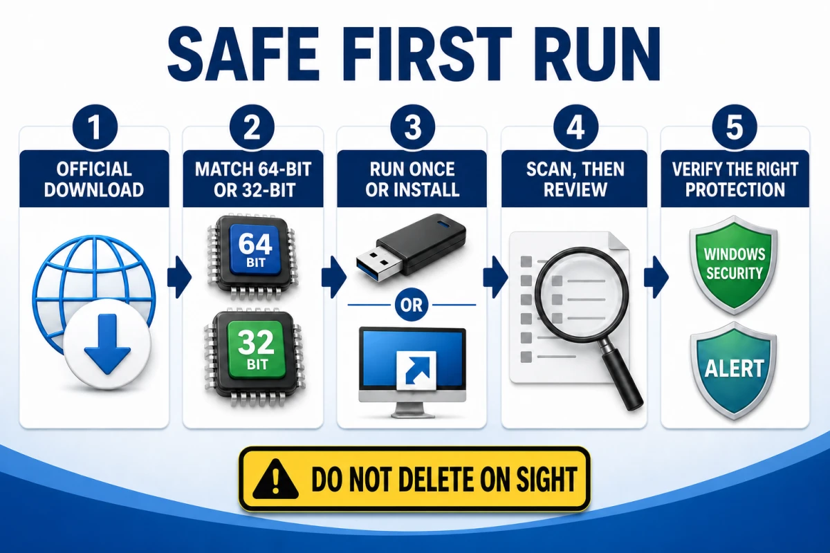 Safe HitmanPro first-run path from official download and Windows architecture choice through scan review and protection verification