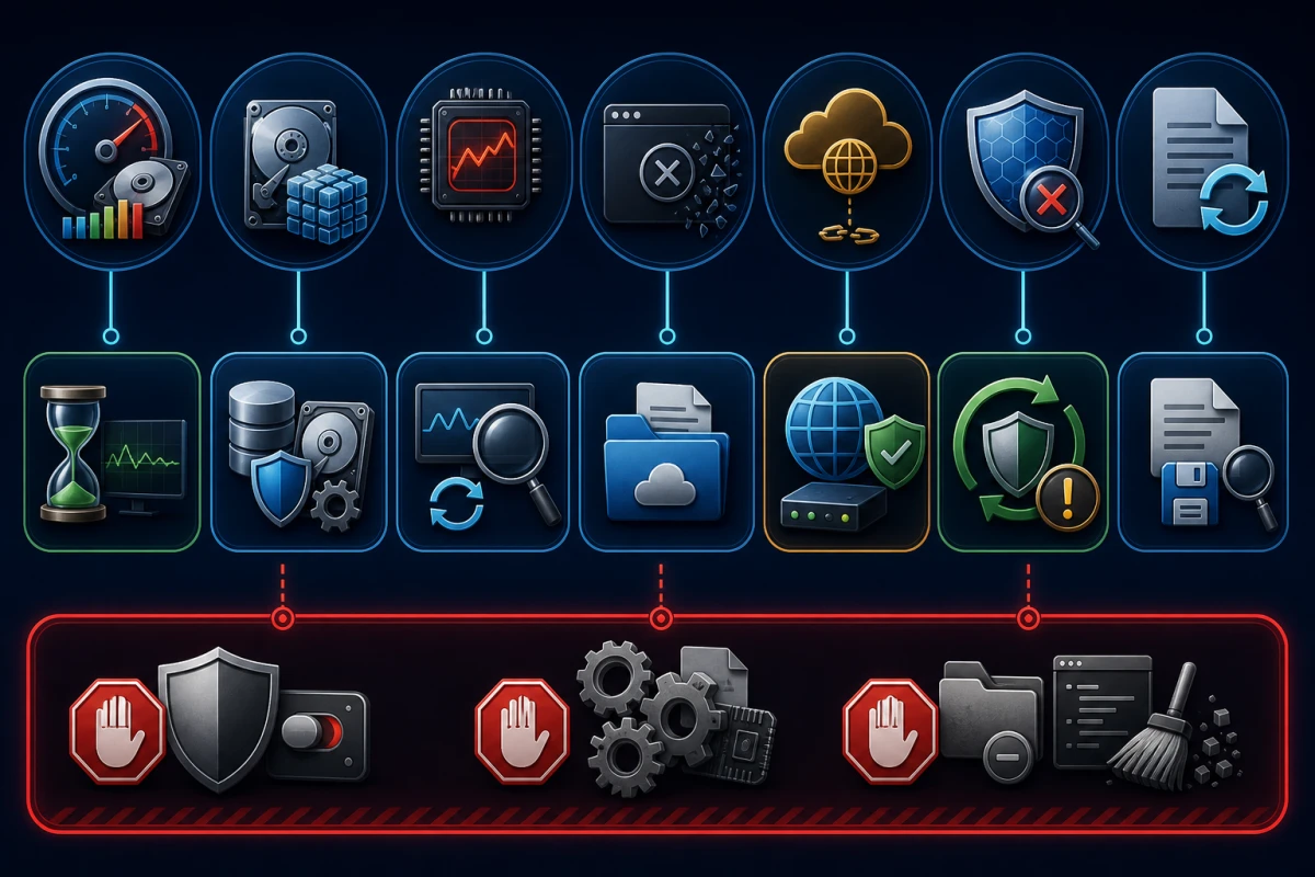 HitmanPro symptom map matching scan load, disk freeze, browser closure and cloud failure to safe diagnostic actions