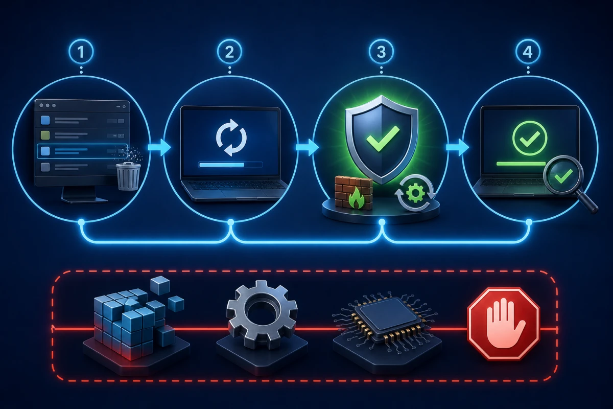 HitmanPro uninstall verification map for restart, security provider, firewall and safe scan checks