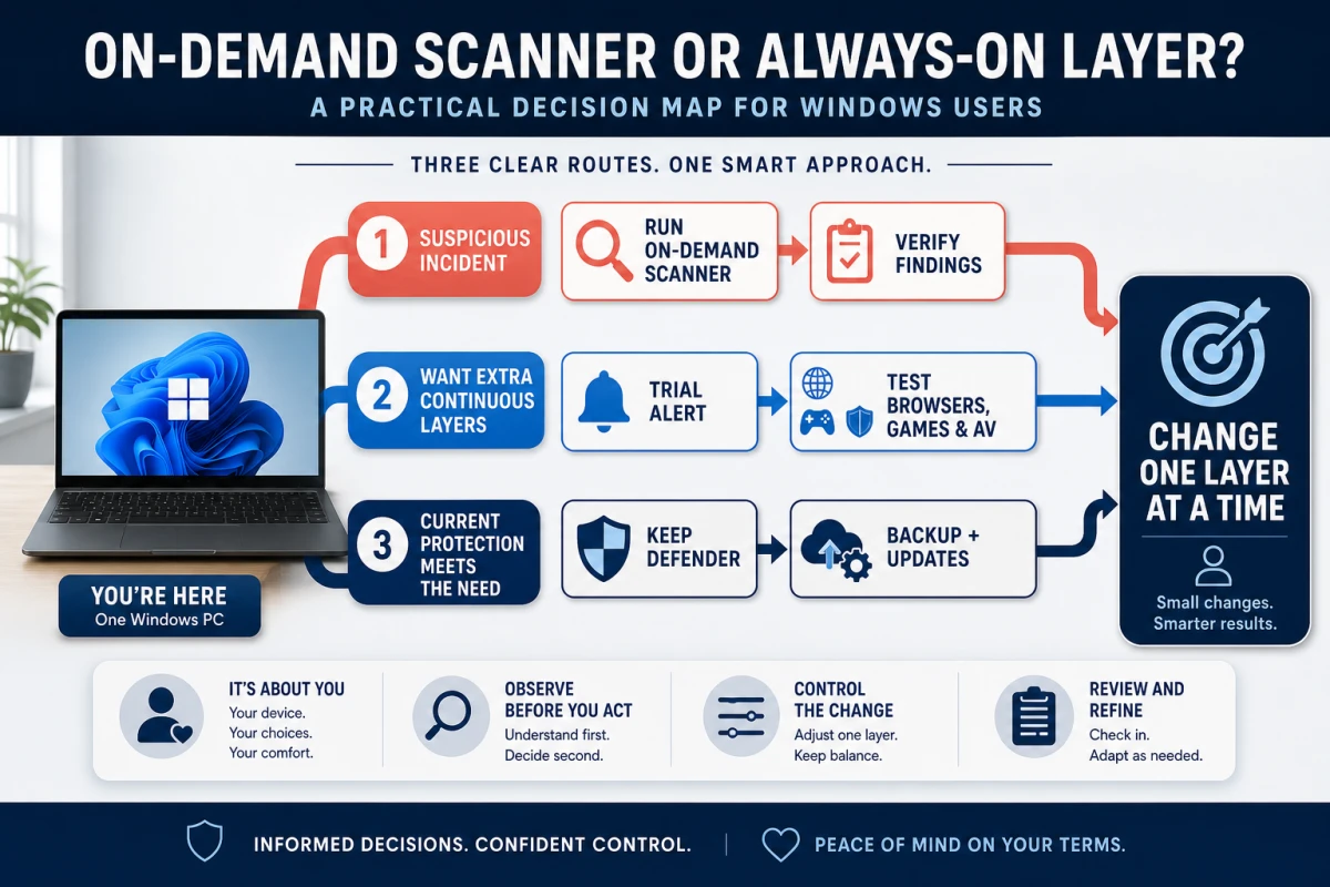 Decision map for an on-demand HitmanPro scan, a HitmanPro.Alert compatibility trial or keeping current Windows protection