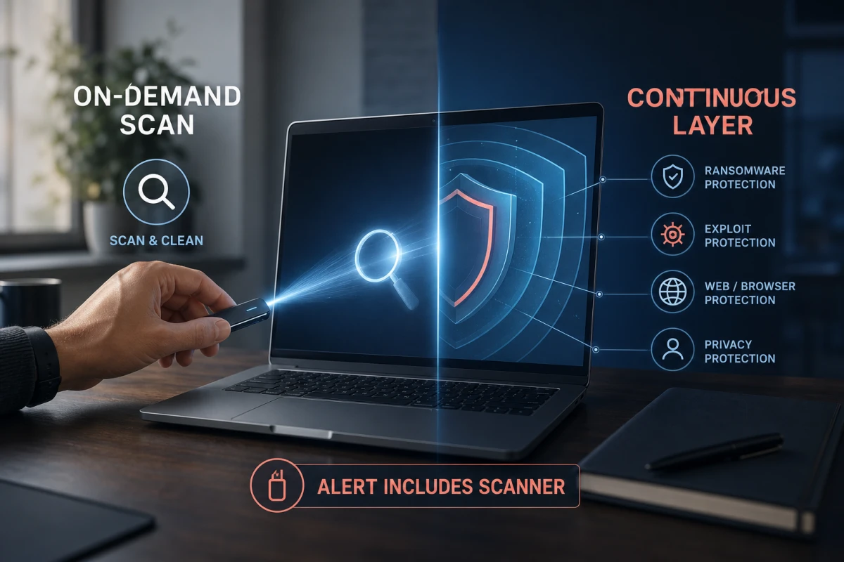 HitmanPro on-demand scan compared with HitmanPro.Alert continuous ransomware, exploit, browser and privacy layers