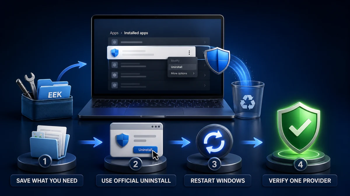 Safe Emsisoft uninstall sequence preserving needed data, using the official uninstaller, restarting Windows and verifying one antivirus provider