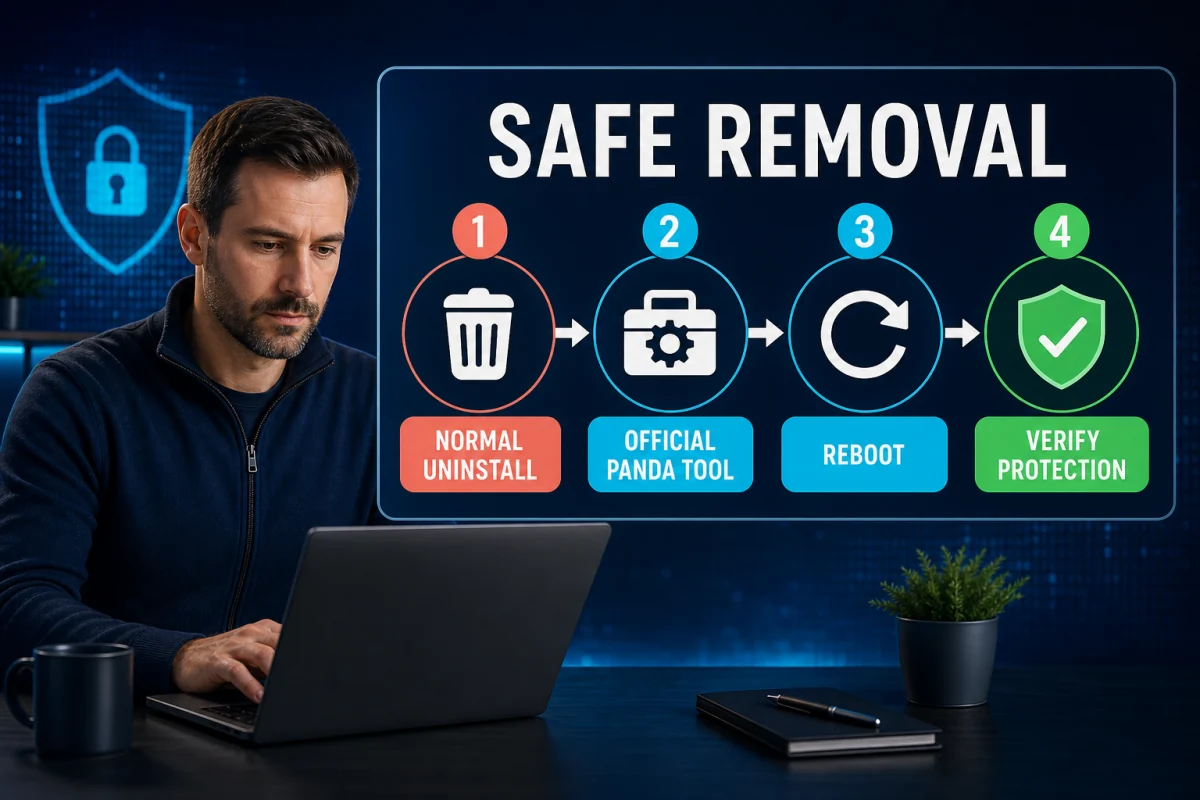Safe Panda Dome removal sequence from normal uninstall to official cleanup reboot and protection verification