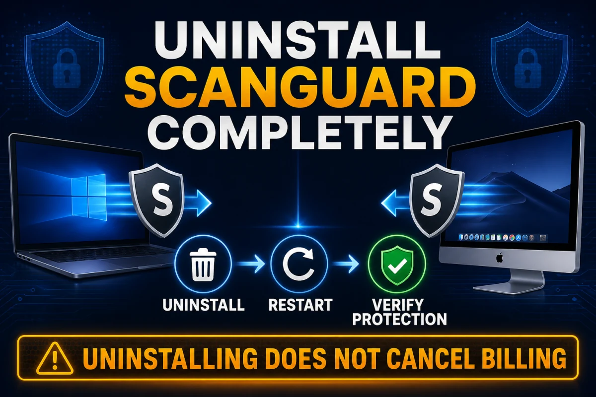 Complete Scanguard removal sequence for Windows and macOS with protection and billing checks