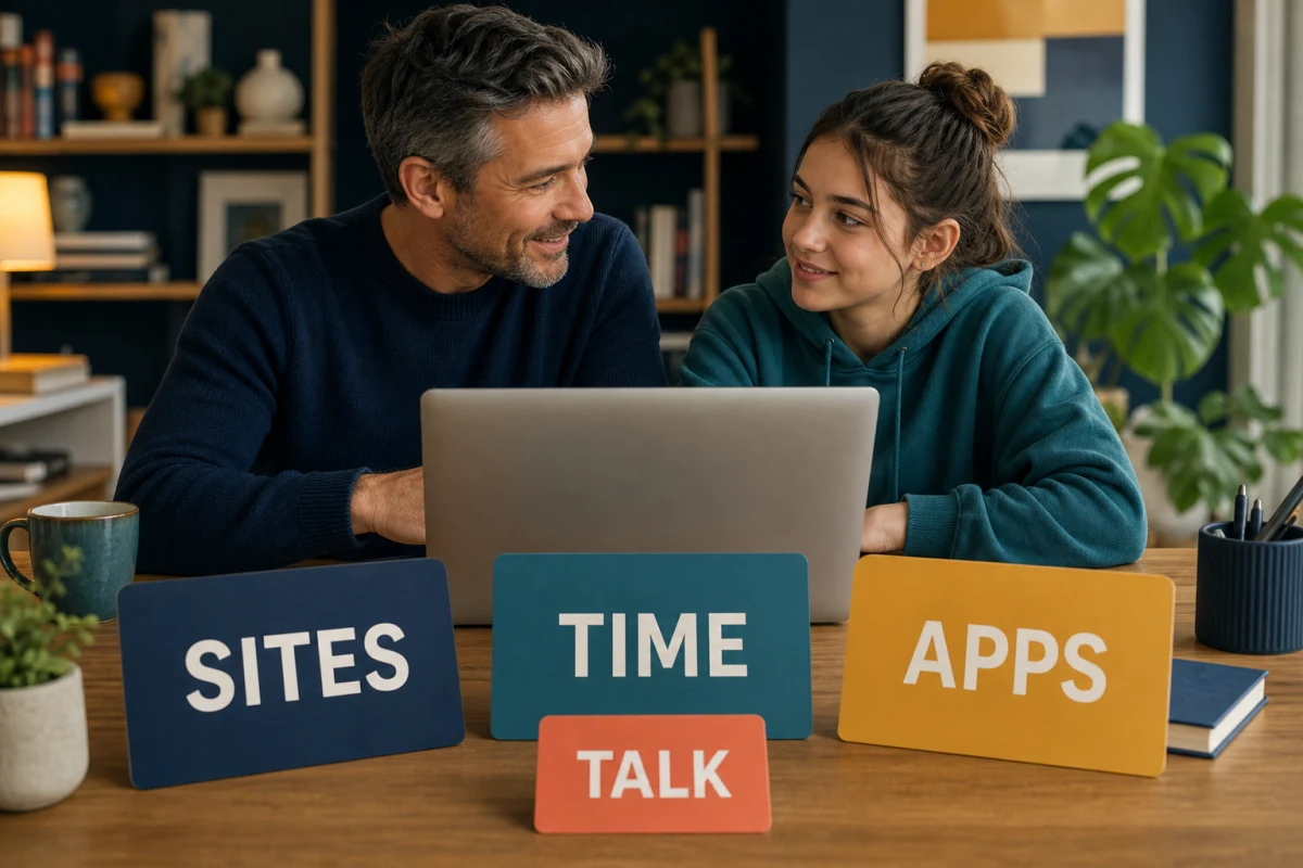 Parent and teenager agreeing on website, time and app limits before using parental controls
