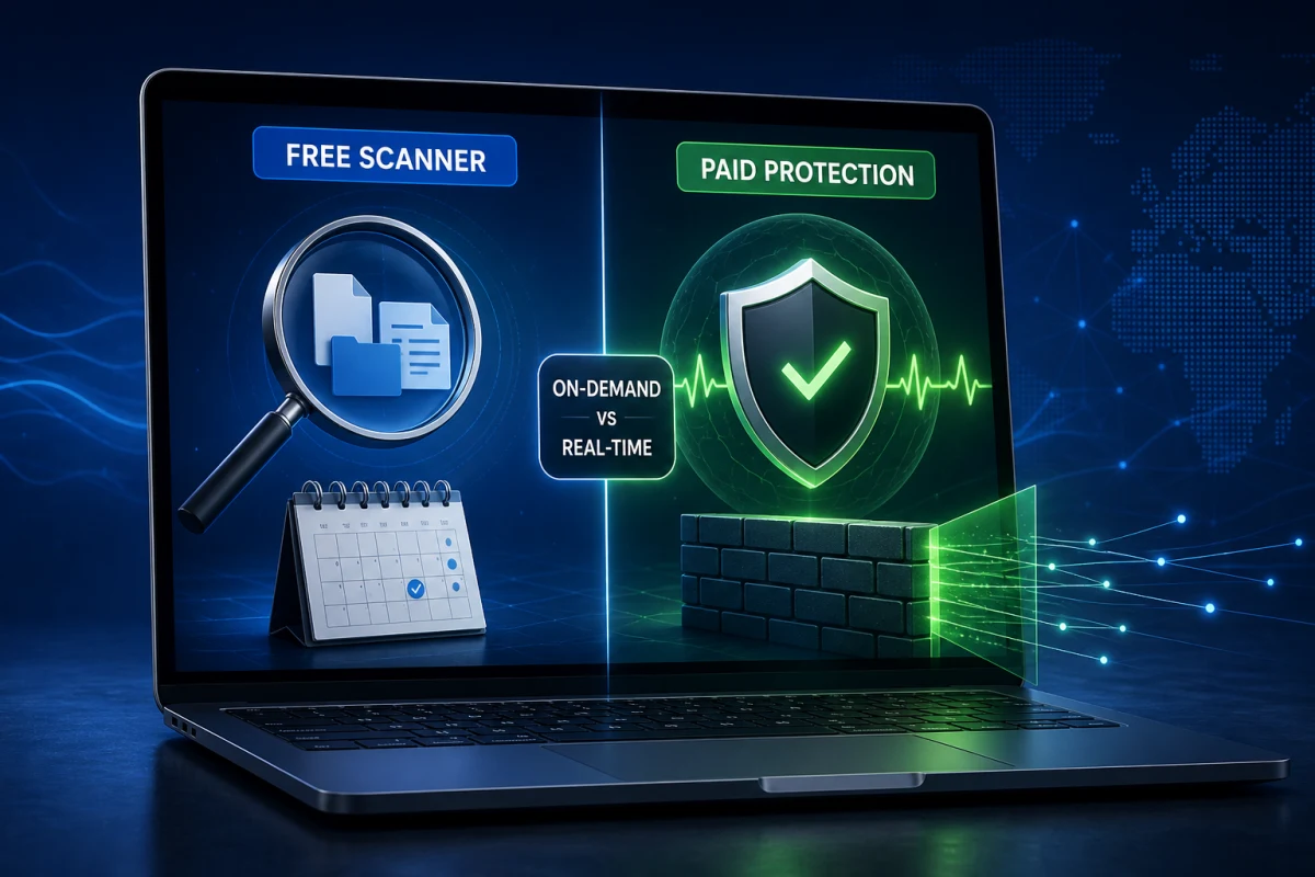 Free Intego VirusBarrier Scanner on-demand checks compared with paid real-time protection