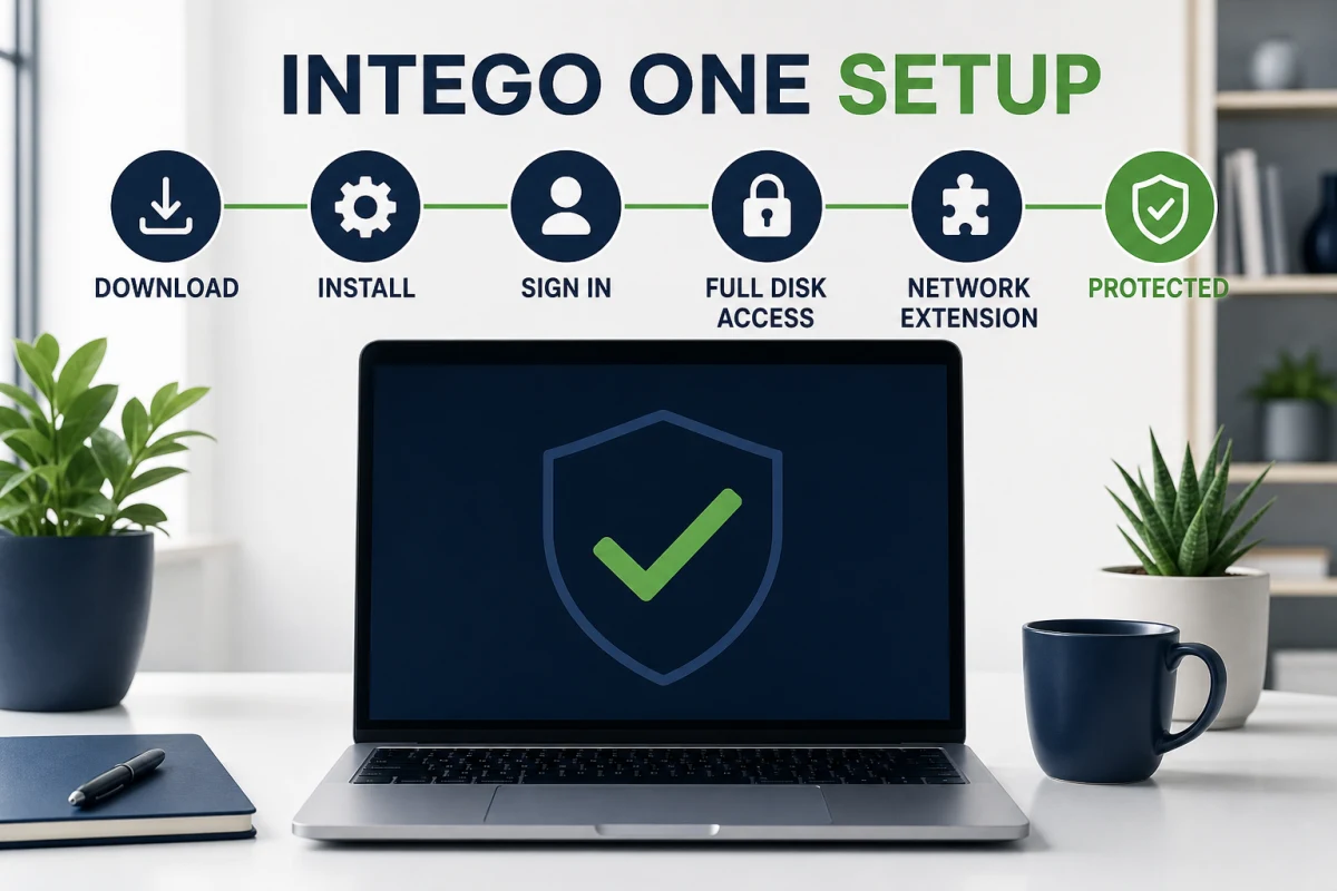 Intego ONE setup checkpoints from official download to protected Mac status