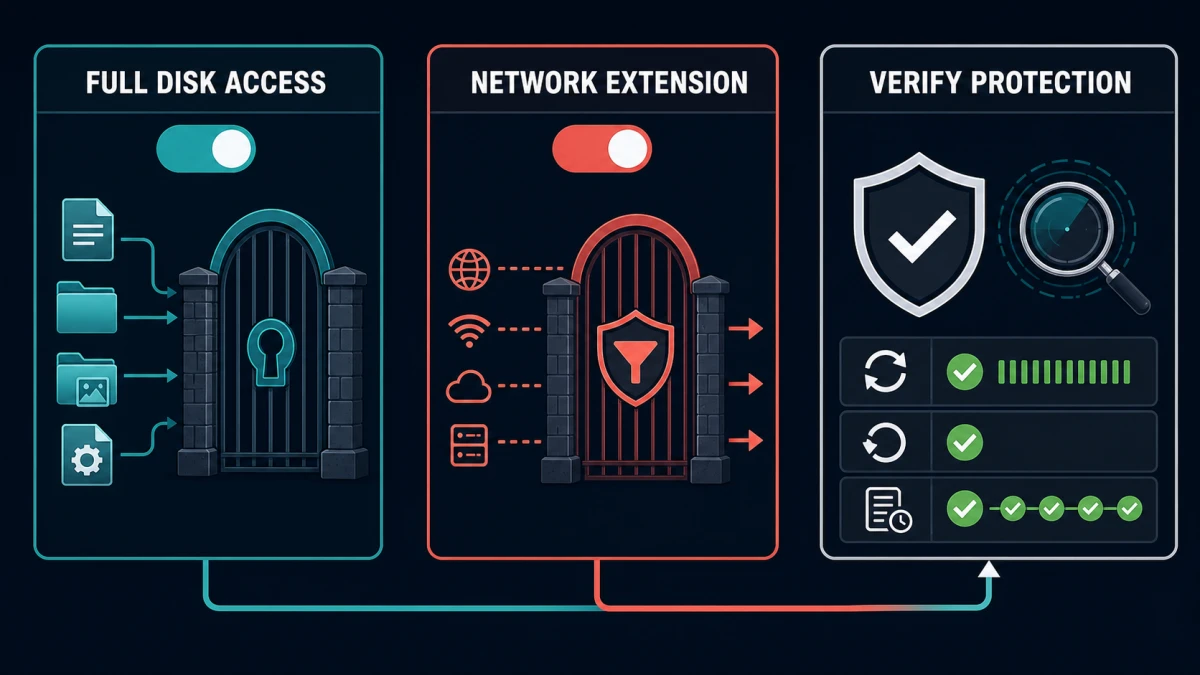 Full Disk Access and Network Extension gates followed by Intego protection verification