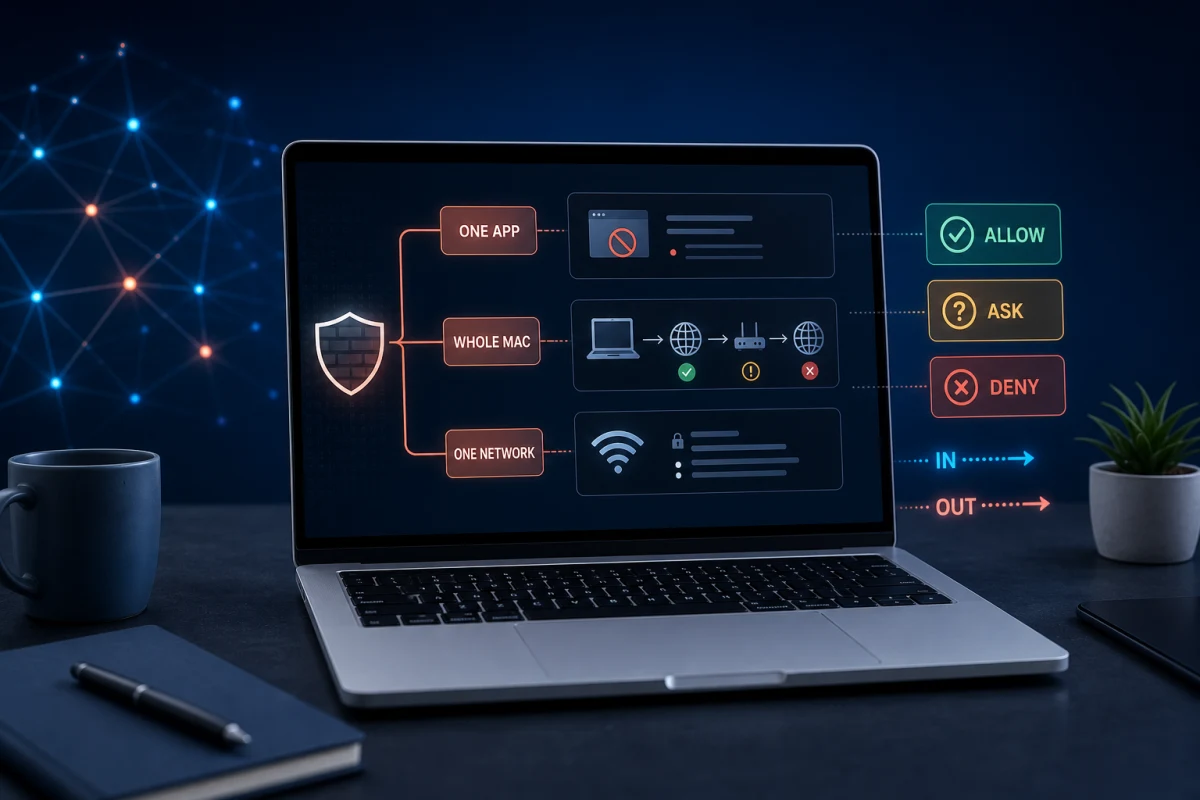 Firewall troubleshooting routes for one blocked app, the whole Mac or one network with Allow, Ask and Deny decisions