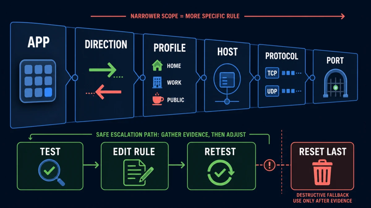 Firewall rule scope narrowed from application through direction, profile, host, protocol and port before testing and reset