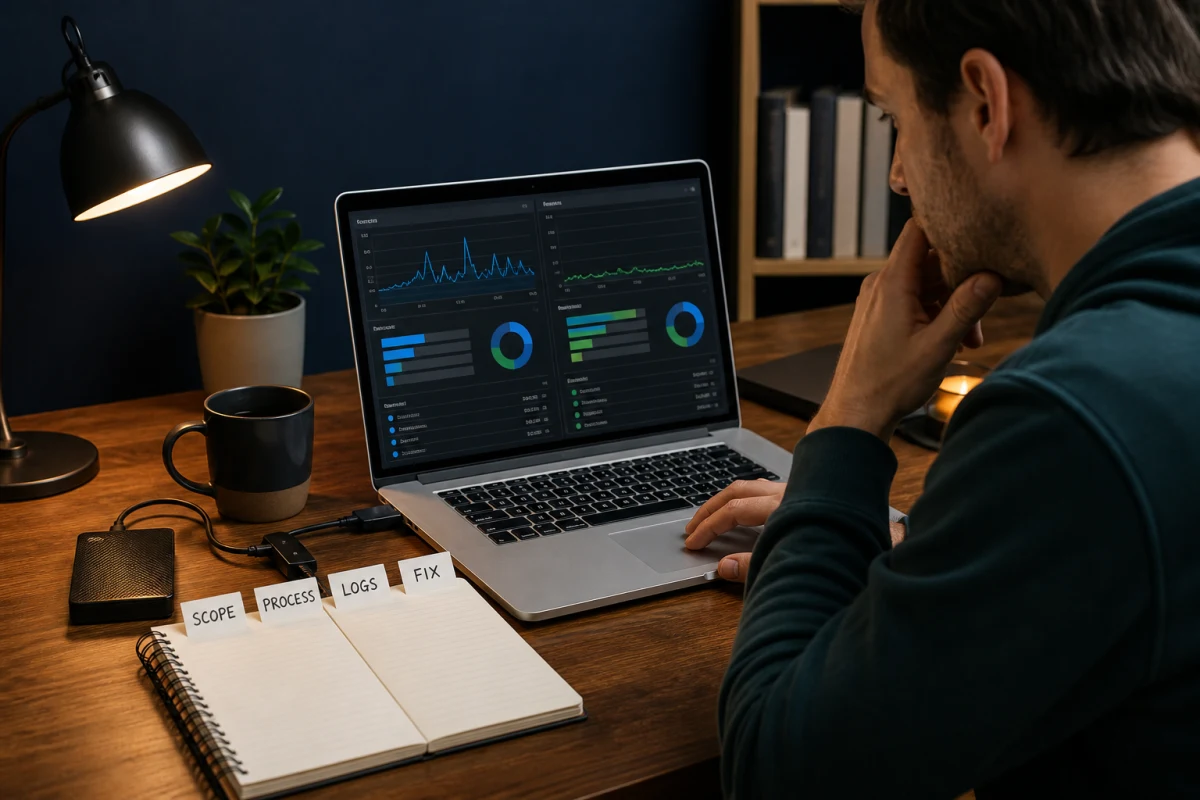 Mac owner diagnosing Intego scan and CPU problems with scope, process, logs and fix notes