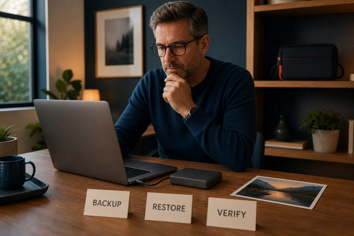 Mac owner checking an external backup through backup, restore and verification steps