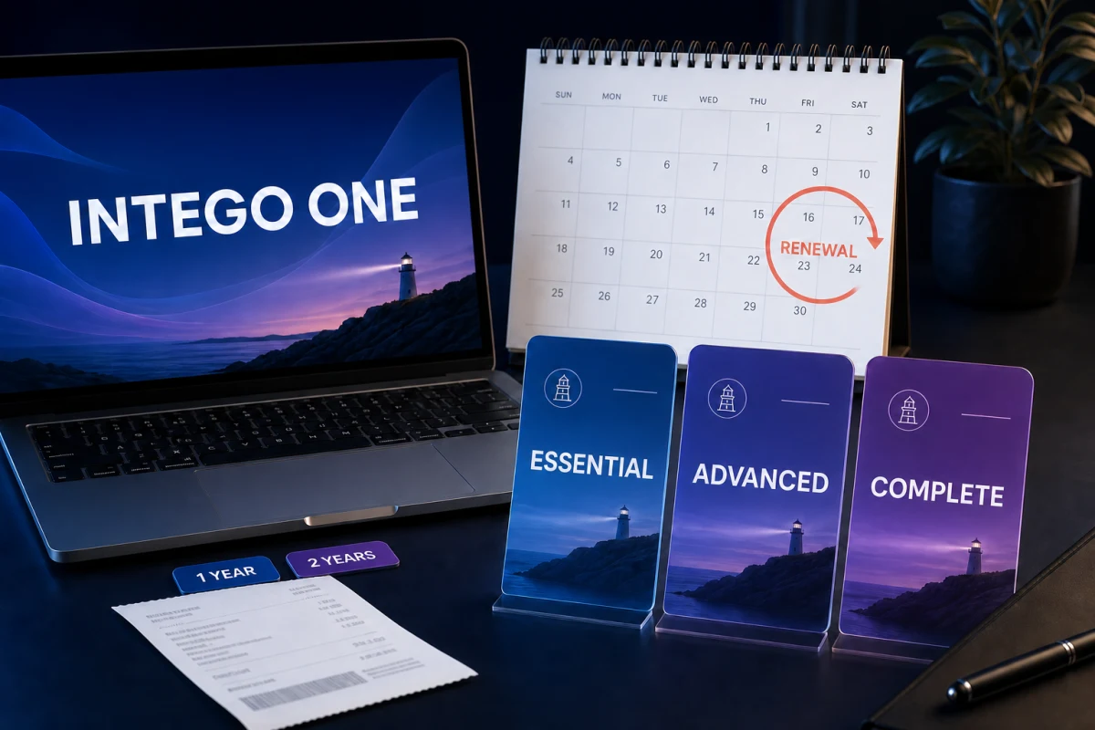 Intego ONE Essential Advanced and Complete plan terms with renewal calendar