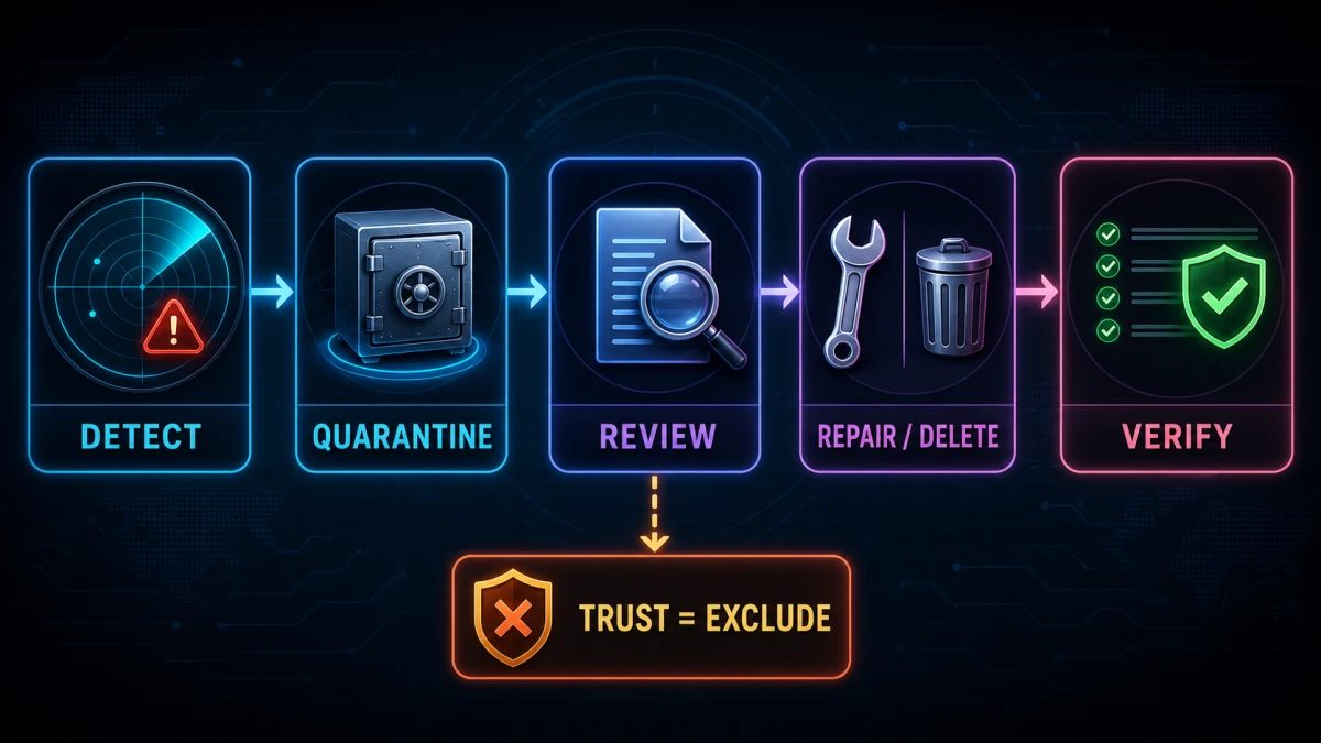 Intego detection workflow from quarantine and review to repair or delete, followed by verification, with Trust marked as an exclusion