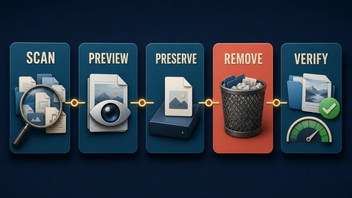 Safe Mac cleanup workflow from scan and preview through backup, removal and verification