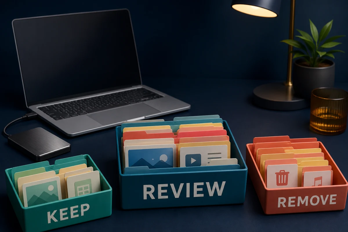 Mac files sorted into keep, review and remove decisions before Intego cleanup