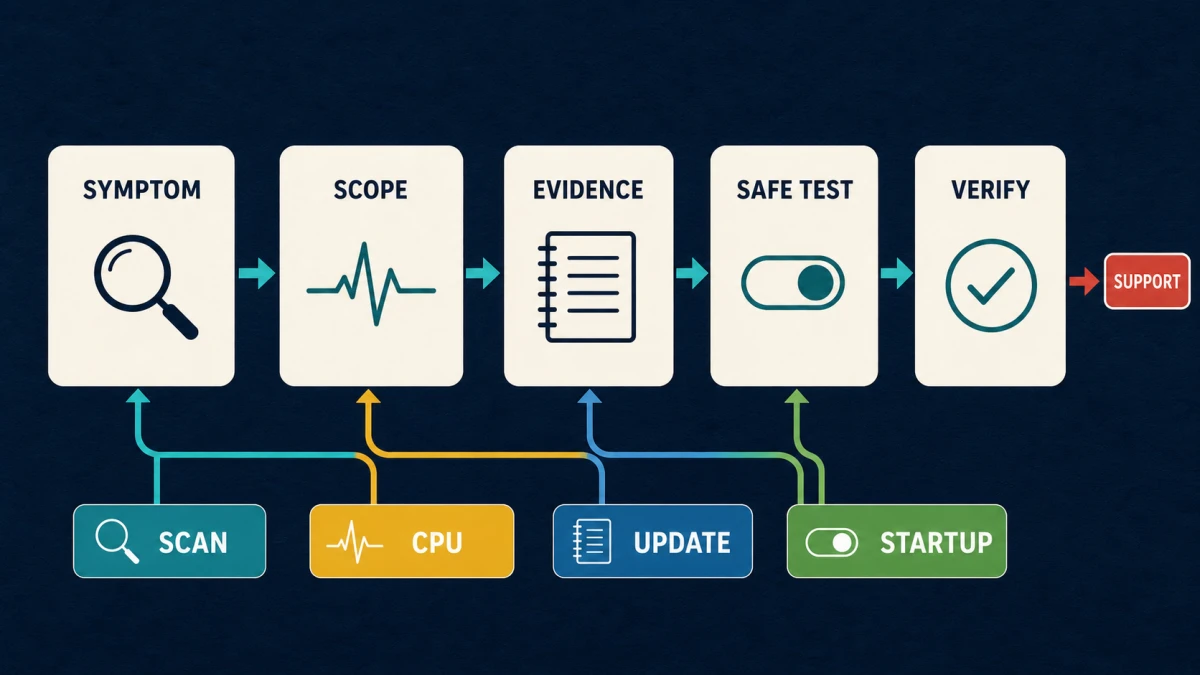 Intego troubleshooting route from symptom and scope through evidence, a safe test, verification and support