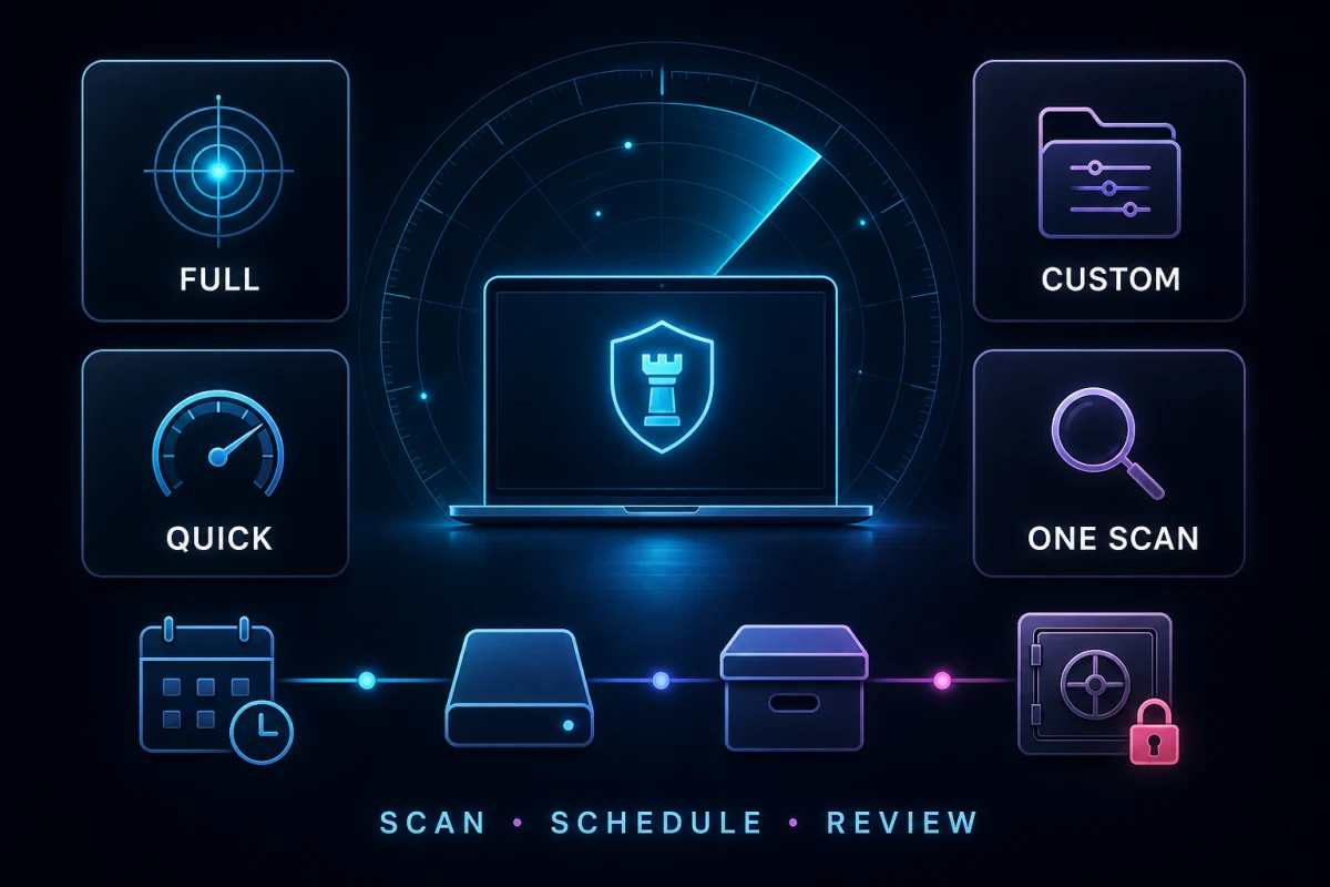 Intego VirusBarrier Full, Quick, Custom and ONE Scan routes with schedules, external storage, archives and quarantine